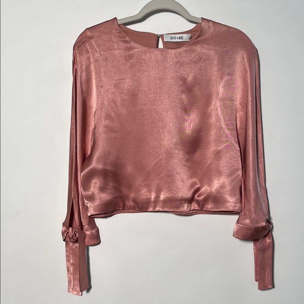 DO + BE Party Boho Dolman Tie 3/4 SLV Crop Shimmery Metallic Dusty Pink Blouse S
